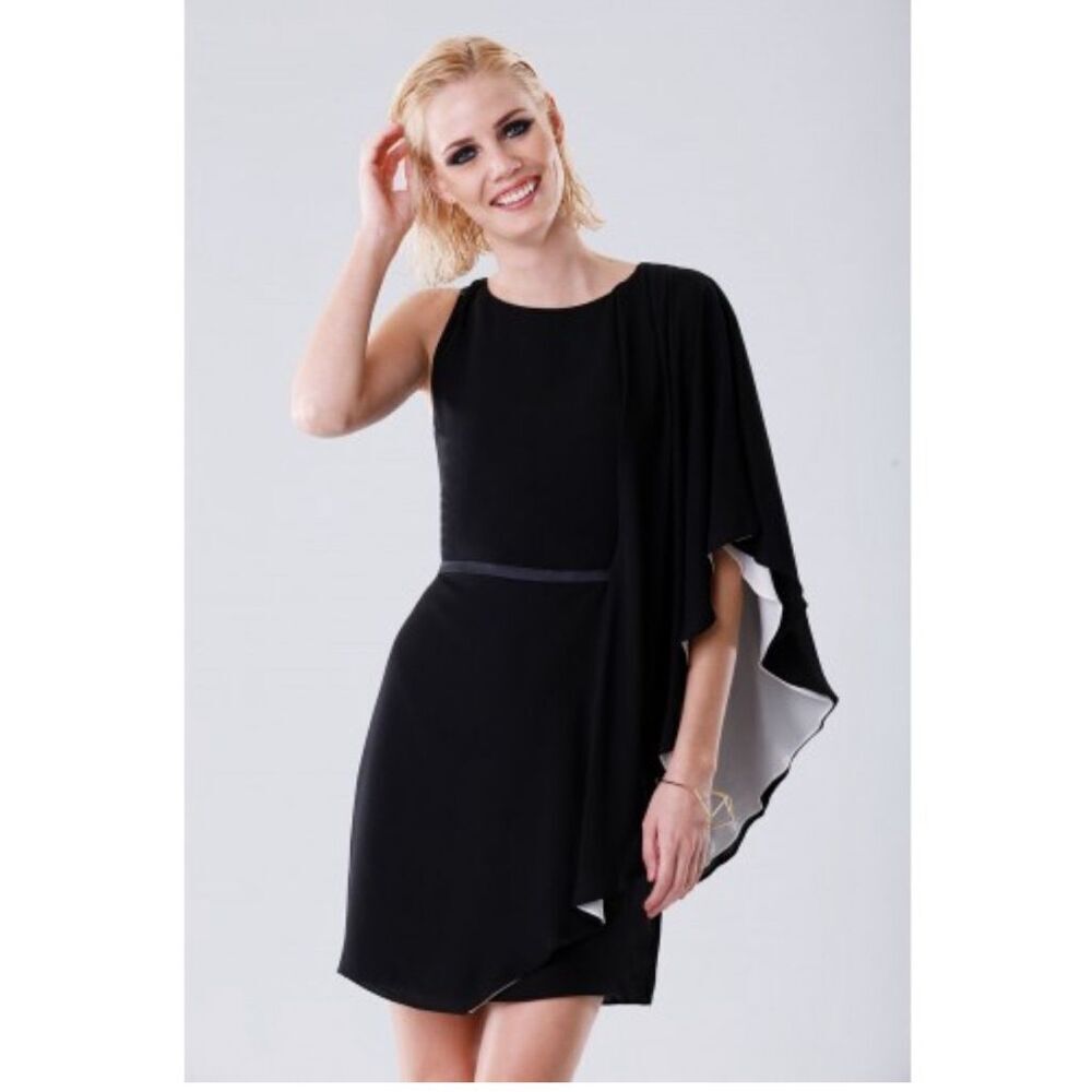 Halston Black White Colorblock Half Cape Flutter Cocktail Dress 8